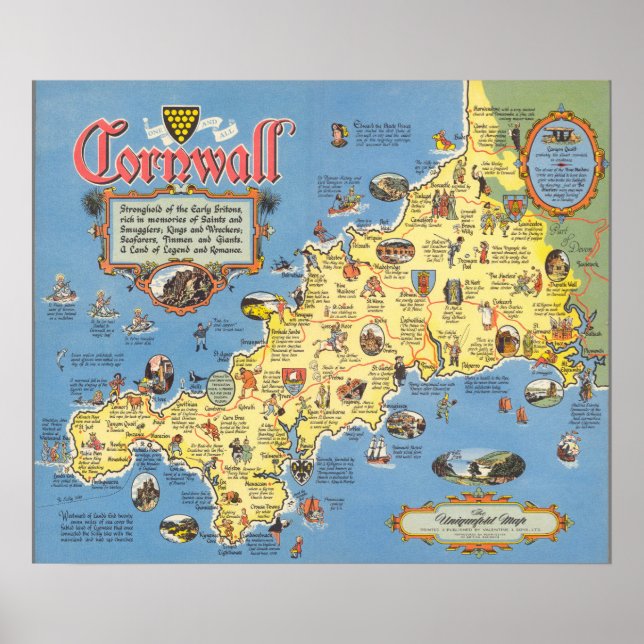 Poster Mapa de Cornwall, Inglaterra (Frente)
