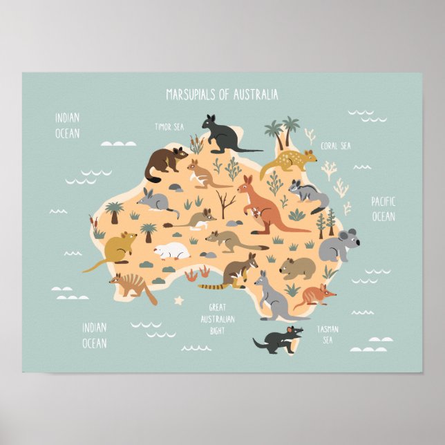 Poster Mapa de crianças australianas marsupiais (Frente)