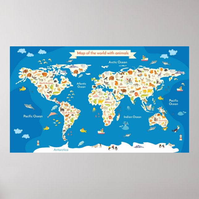 Poster Mapa de Crianças do Mundo com Animais (Frente)