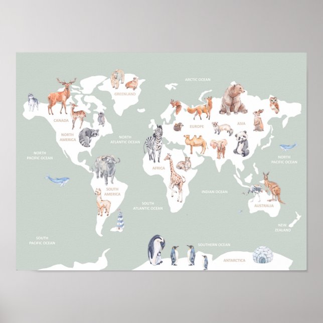 Poster Mapa de Crianças do Mundo com Animais (Frente)