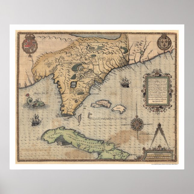 Poster Mapa de Cuba e Flórida 1591 (Frente)