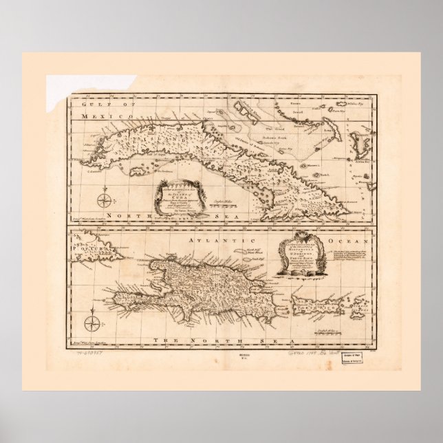 Poster Mapa de Cuba e Porto Rico (1747) (Frente)