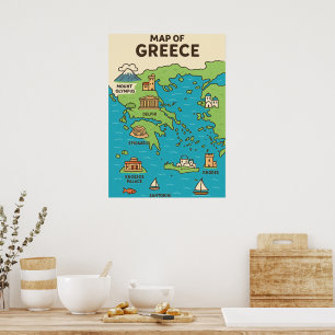 Poster Mapa de desenho animado da Grécia – Pontos turísti