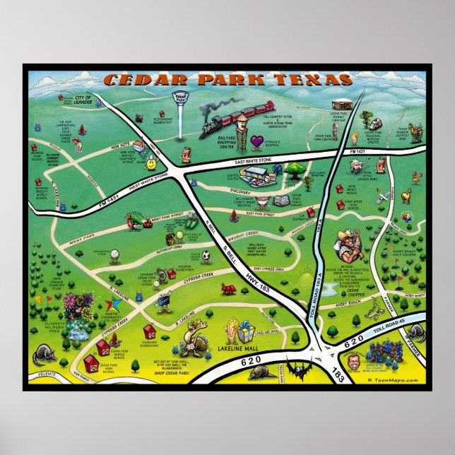 Poster Mapa de desenho animado de Cedar Park Texas (Frente)