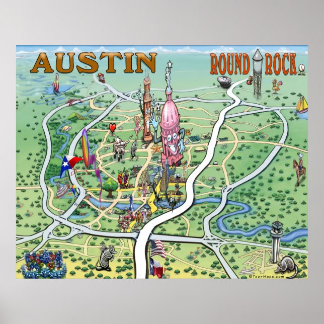 Poster Mapa de diversão de Austin Round Rock Texas (Frente)