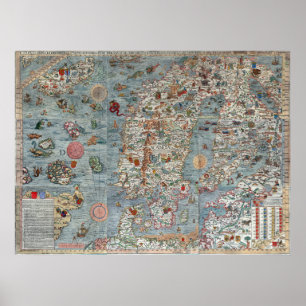 Pôster Mapa de Escandinávia do porto de Carta do vintage