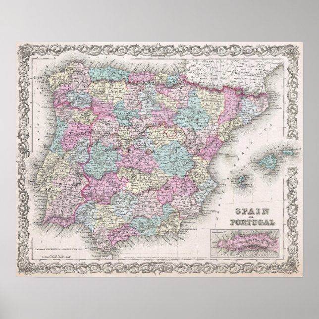 Pôster Mapa de Espanhas da Vintage (1855) (Frente)
