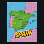 Pôster Mapa de Espanhas Ilustrado de pop Art<br><div class="desc">Pop Art Ilustrou mapa europeu de Espanha num belo estilo de vintage vestido.</div>