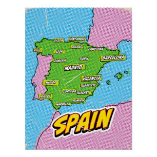 Pôster Mapa de Espanhas Ilustrado de pop Art