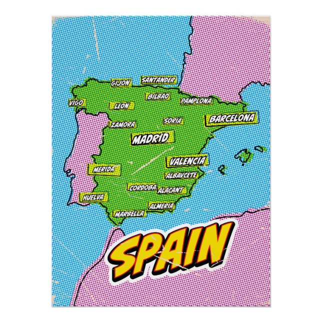 Pôster Mapa de Espanhas Ilustrado de pop Art (Frente)