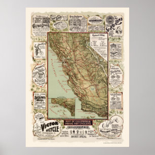 Poster Mapa de estradas da bicicleta de Califórnia - 189