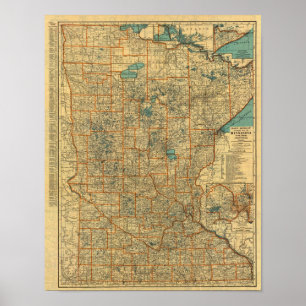Pôster Mapa de estradas de Minnesota