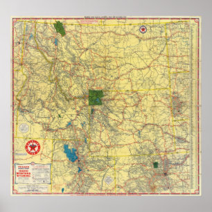Pôster Mapa de estradas Idaho, Mont, mapa de Wyo