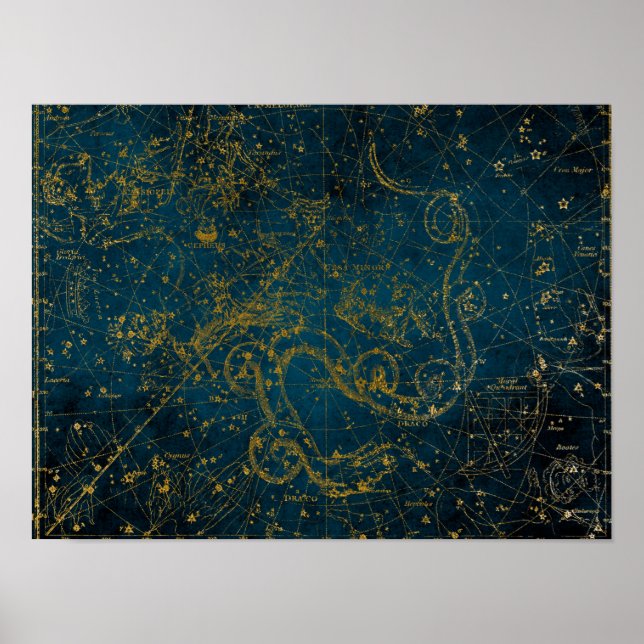 Poster Mapa de estrelas Dourado e Azul Escuro Ilustrado (Frente)