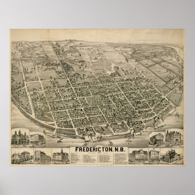 Poster Mapa de Fredericton New Brunswick (1882) (Frente)