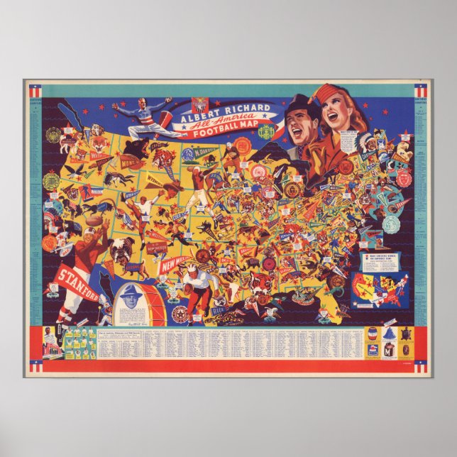 Poster Mapa de futebol americano da Vintage (Frente)