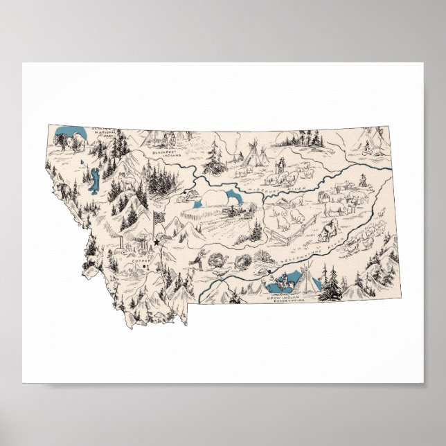 Pôster Mapa de Imagens de Montana Vintage - Quadro de Est (Frente)