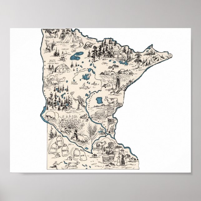 Pôster Mapa de Imagens do Minnesota Vintage (Frente)