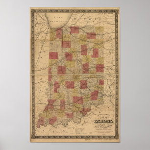 Pôster Mapa de Indiana 1858 retratando Trilhos e Cidades