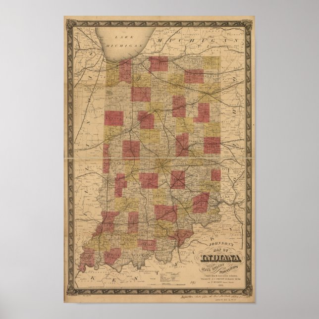Pôster Mapa de Indiana 1858 retratando Trilhos e Cidades (Frente)