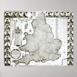Pôster Mapa de Inglaterra e de Wales, 1644