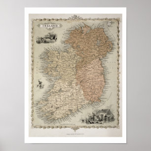 Pôster Mapa de Ireland, c.1850 publicado (en mão-colorid