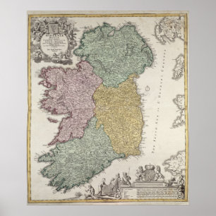 Pôster Mapa de Ireland que mostra as províncias de Ulste