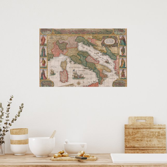 Poster Mapa de Itália por Cornelis II Danckerts 1640 (Cozinha)