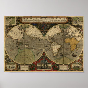 Poster Mapa de Jodocus Hondius 1595 do mundo