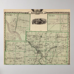 Pôster Mapa de Kankakee County, de Kankakee e de Gilman