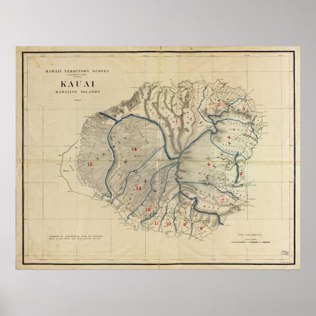 Pôster Mapa de Kauai, Ilhas Havaianas, 1903 (Frente)