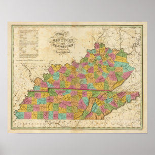 Pôster Mapa de Kentucky e de Tennessee