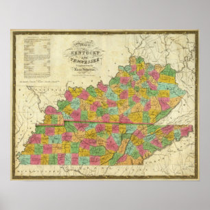 Pôster Mapa de Kentucky e de Tennessee