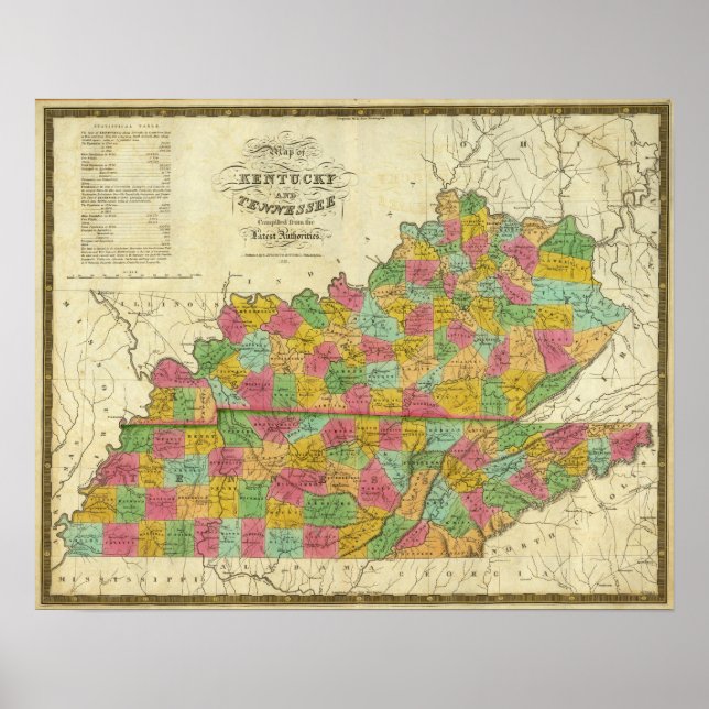 Pôster Mapa de Kentucky e Tennessee (Frente)