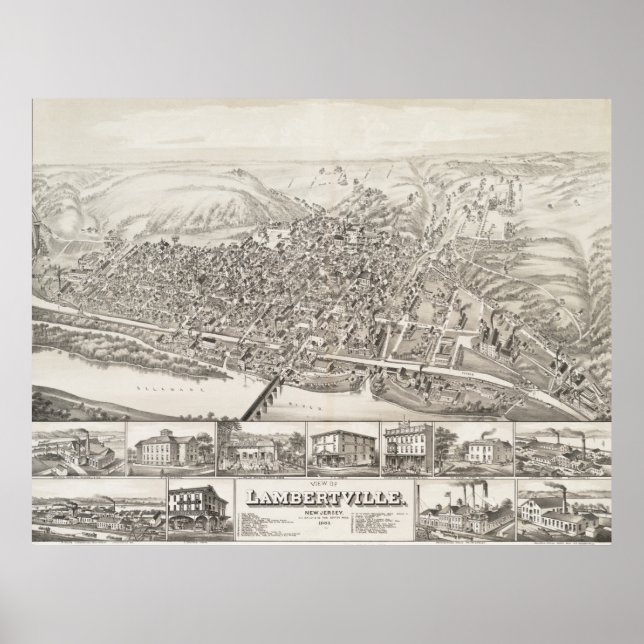 Poster Mapa de Lambertville, Nova Jersey, em 1883 (Frente)