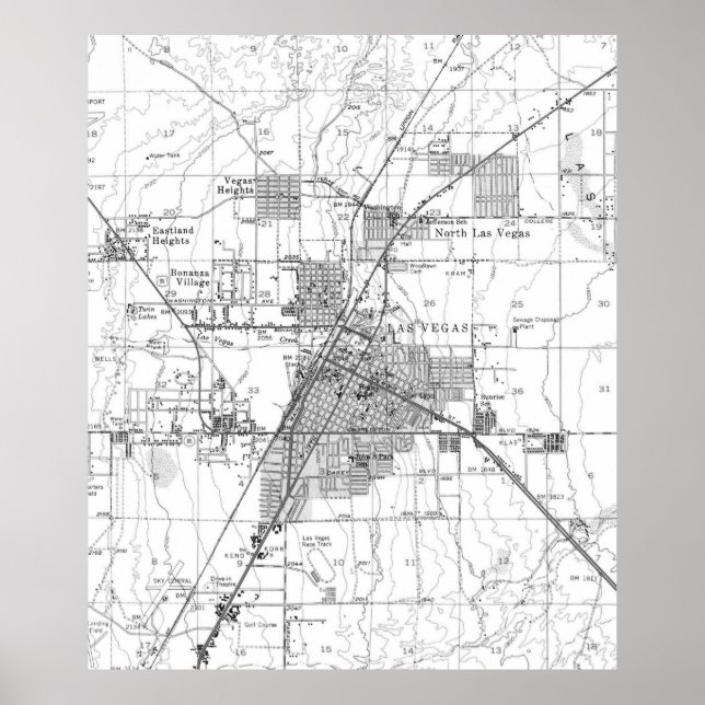 Pôster Mapa de Las Vegas Nevada (1952) BW (Frente)