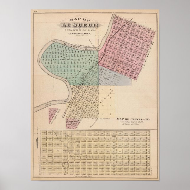 Pôster Mapa de Le Sueur, Mapa de Cleveland, Minnesota (Frente)