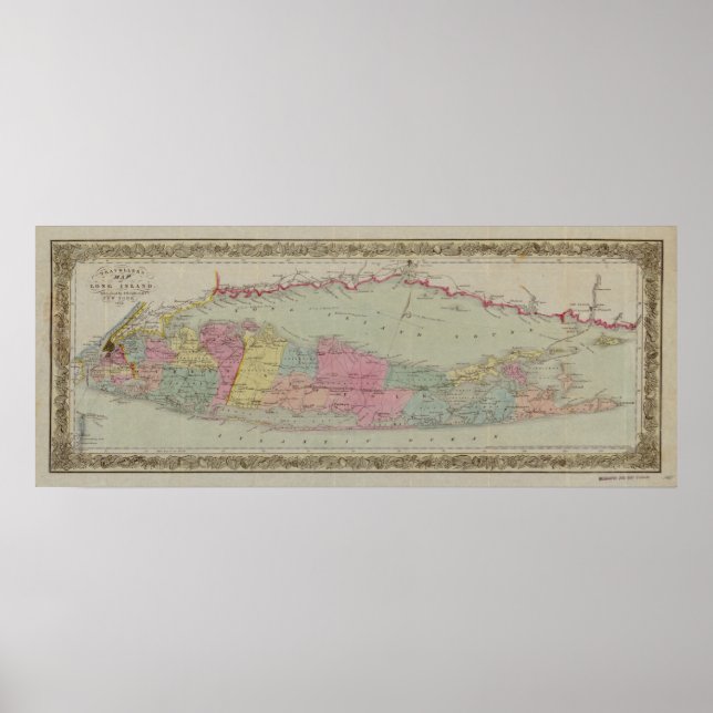Pôster Mapa de Long Island, Nova Iorque, 1857 (Frente)