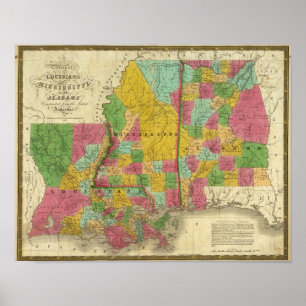 Pôster Mapa de Louisiana, de Mississippi e de Alabama