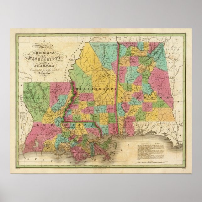 Poster Mapa de Louisiana Mississippi e Alabama (Frente)