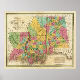 Poster Mapa de Louisiana Mississippi e de Alabama