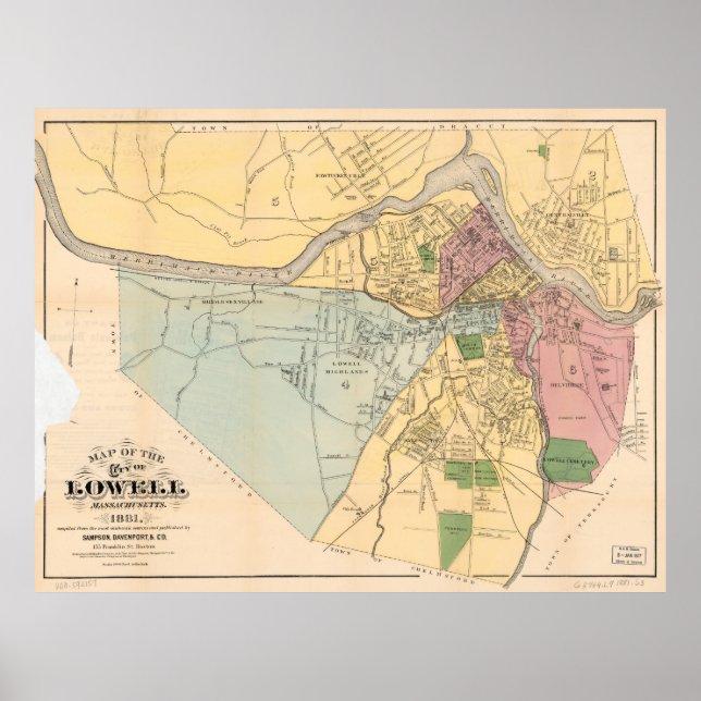 Pôster Mapa de Lowell, Massachusetts (1881) (Frente)