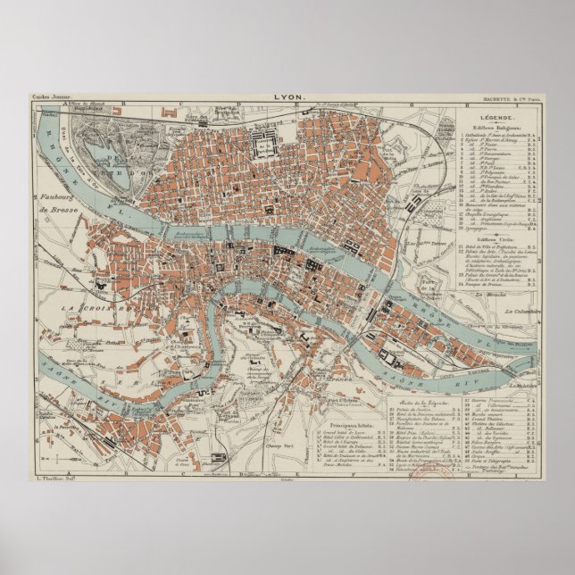 Poster Mapa de Lyon França (1888) (Frente)