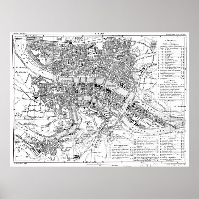 Pôster Mapa de Lyon França (1888) BW (Frente)