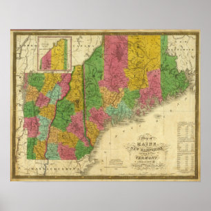 Pôster Mapa de Maine, de New Hampshire, e de Vermont