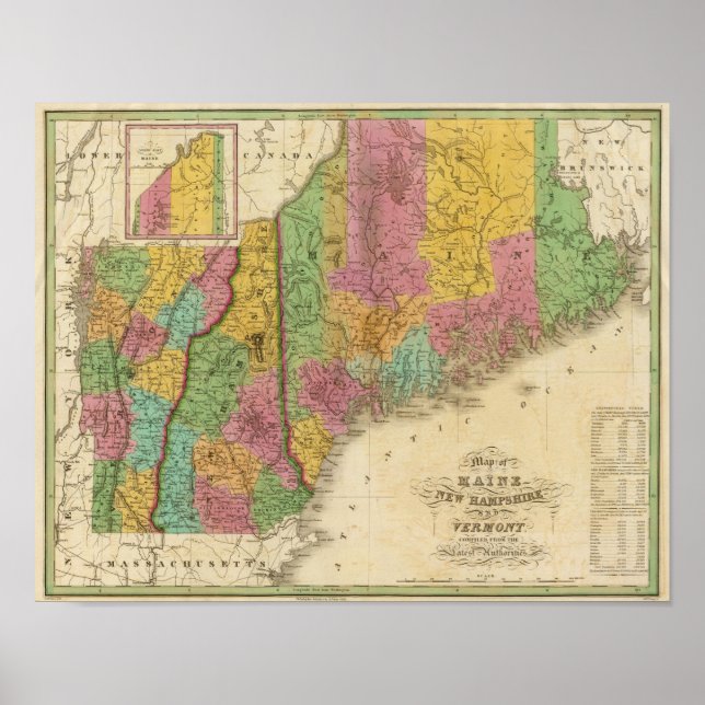 Poster Mapa de Maine New Hampshire e Vermont (Frente)