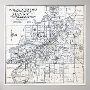 Poster Mapa de Mankato Minnesota em 1914