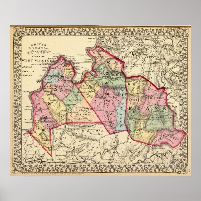 Pôster Mapa de Mason, Jackson, condados Roane (Frente)