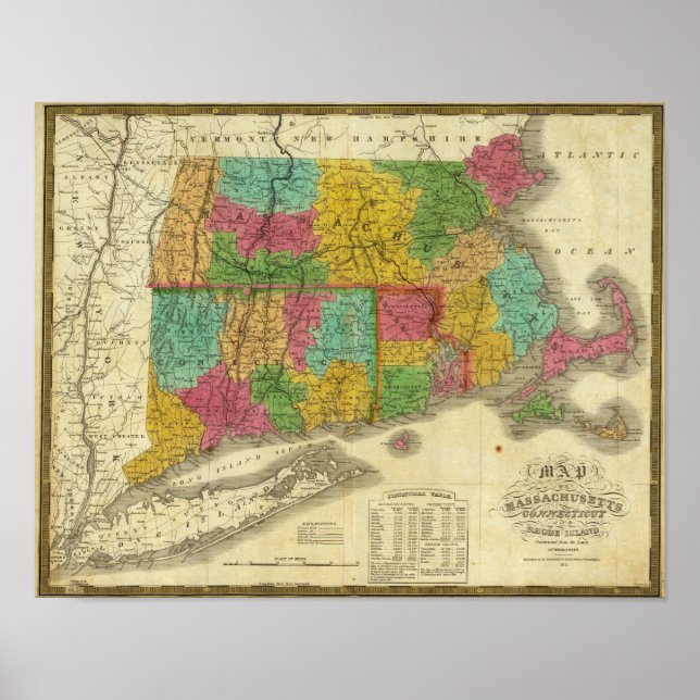 Poster Mapa de Massachusetts e Connecticut (Frente)