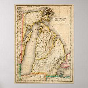 Poster Mapa de Michigan com Alivio Moderno em 1822